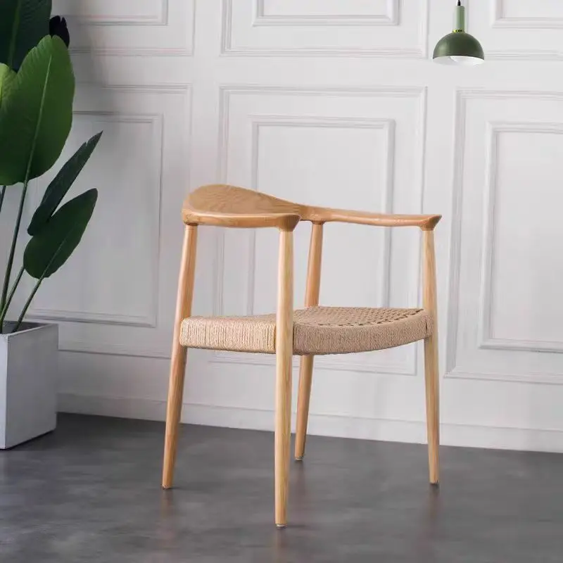 

Solid Wood Braided Rope Seat Solid Wood Legs Chair Hotel Cafe Restaurant Wooden President Arm Dining Chair