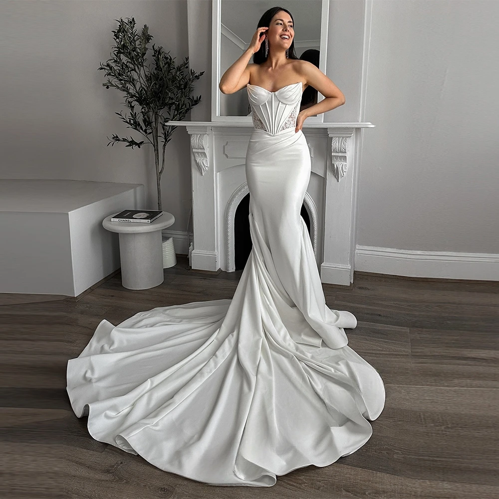 Charming Mermaid Wedding Dresses for Women Bride Satin Lace Strapless Pleat Robe De Mariée Personalized Customized