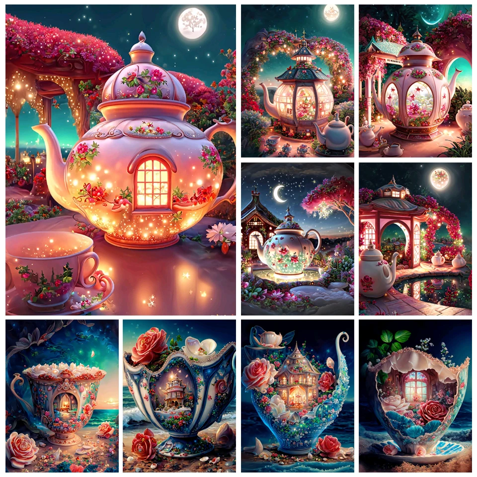 Diamond Embroidery Dream Teapot Rose Landscape Handicraft Mosaic Kitchen Diamond Painting Moon Full Square Drill Wall Art GG398