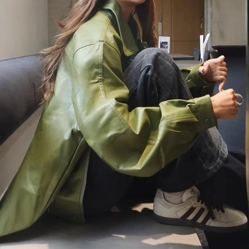 Women's Clothing Autumn Winter Leather Jacket Fast Selling Hot Items Individuality Turn-down Collar Green Leather Jacket Coat