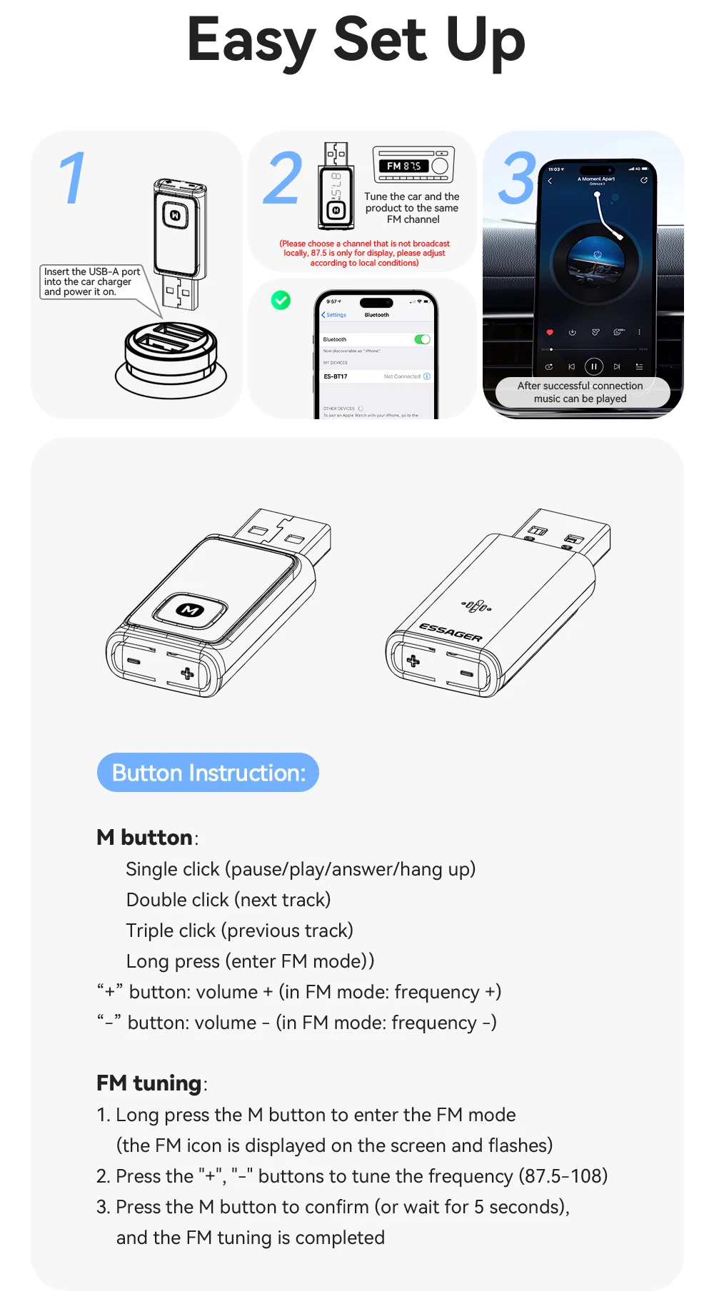 Essager Bluetooth 5.4 Auto-Adapter, kabelloser FM-Transmitter mit automatischem Ein-/Ausschalten, Freisprechanruf, Hi-Fi-Musik-Audioempfänger für Autos – Detail 10