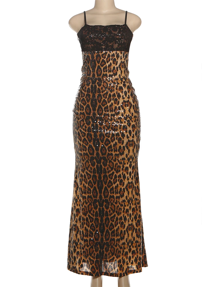 Weird Puss Sexy Leopard Slip Dress Women Jacquard Lace Patchwork Sequined Backless Elegant Stretch Slim Street Clubwear Bodycon