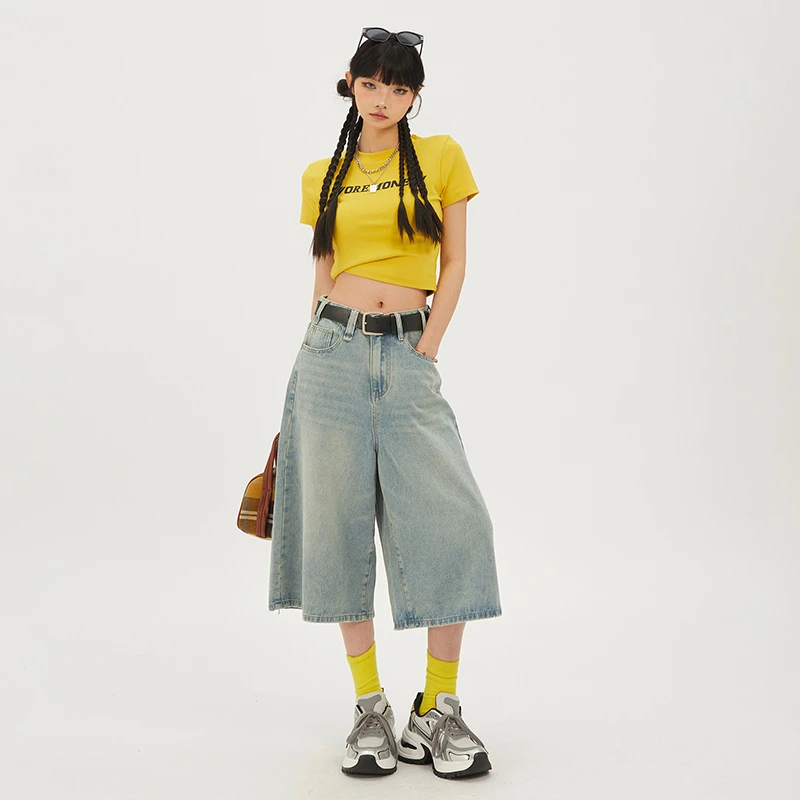 2024 Y2k Retro Women Low Waisted Black Wash Cropped Baggy Jeans Wide Leg Frayed Denim Short Pants