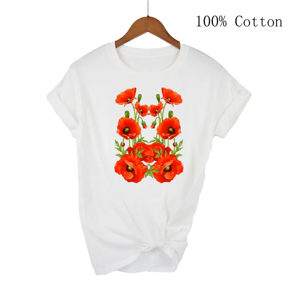 Fashion Red Poppy Women T Shirt Funny Black Printed Tops Tee Female Short Sleeve Tshirt Harajuku Tee Shirts 90s Girls T-shirts