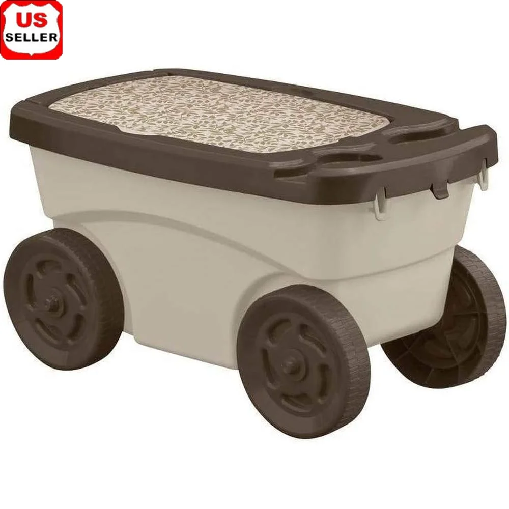 Outdoor Rolling Garden Scooter Durable Plastic Portable Seat with Storage Bin Cushioned Kneeling Pad and Cup Holders