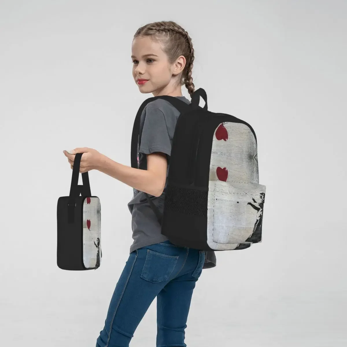 Banksy-Sacs à dos avec un ballon rouge pour filles et garçons, cartable pour étudiants, sac à dos scolaire, sac à lunch, sac à stylos, ensemble de 3 pièces