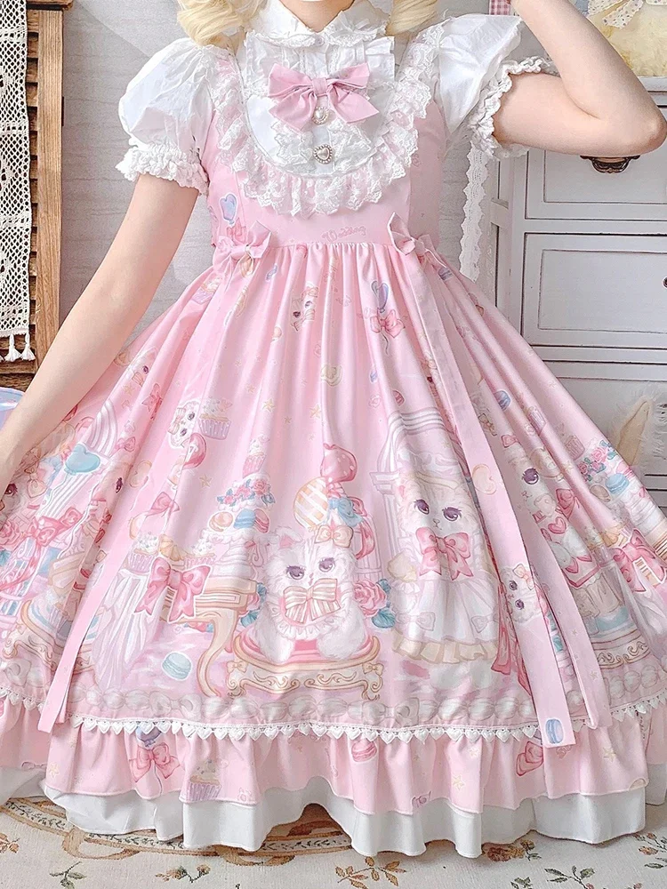 Sweet Lolita Style Square Collar Cat Printing Designer JSK Dress Bow Sleeveless Lace Ruffles Lace Girly Camisole Dress