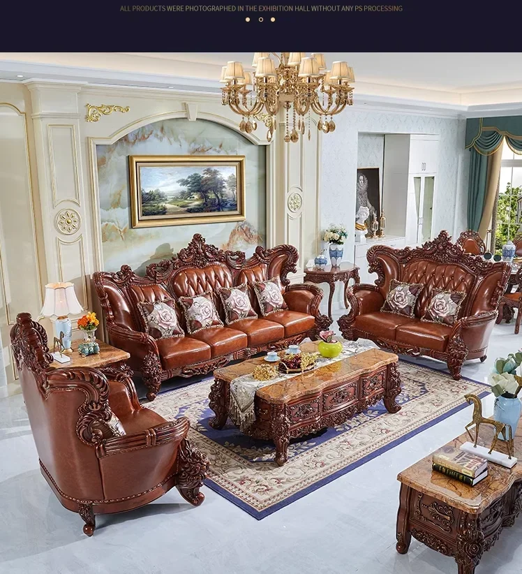 European leather sofa living room American luxury solid wood carved flower head layer cowhide villa furniture set