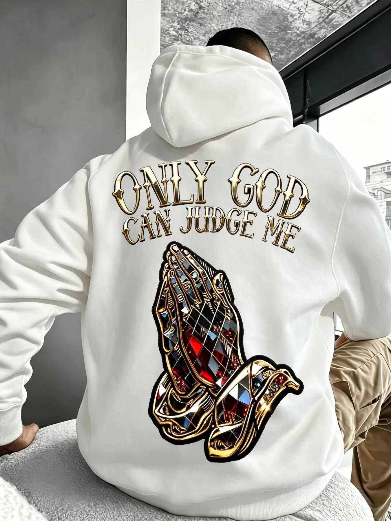 Praying Hands, Only God Can Judge Me Plus Size Men's Fashion Hoodie, Streetwear Hooded Sweatshirt, Holiday Edition Hoodie, Retro Nostalgic Design Sweatshirt, Vintage Trend, Men's Winter Wear, PLUS SIZE