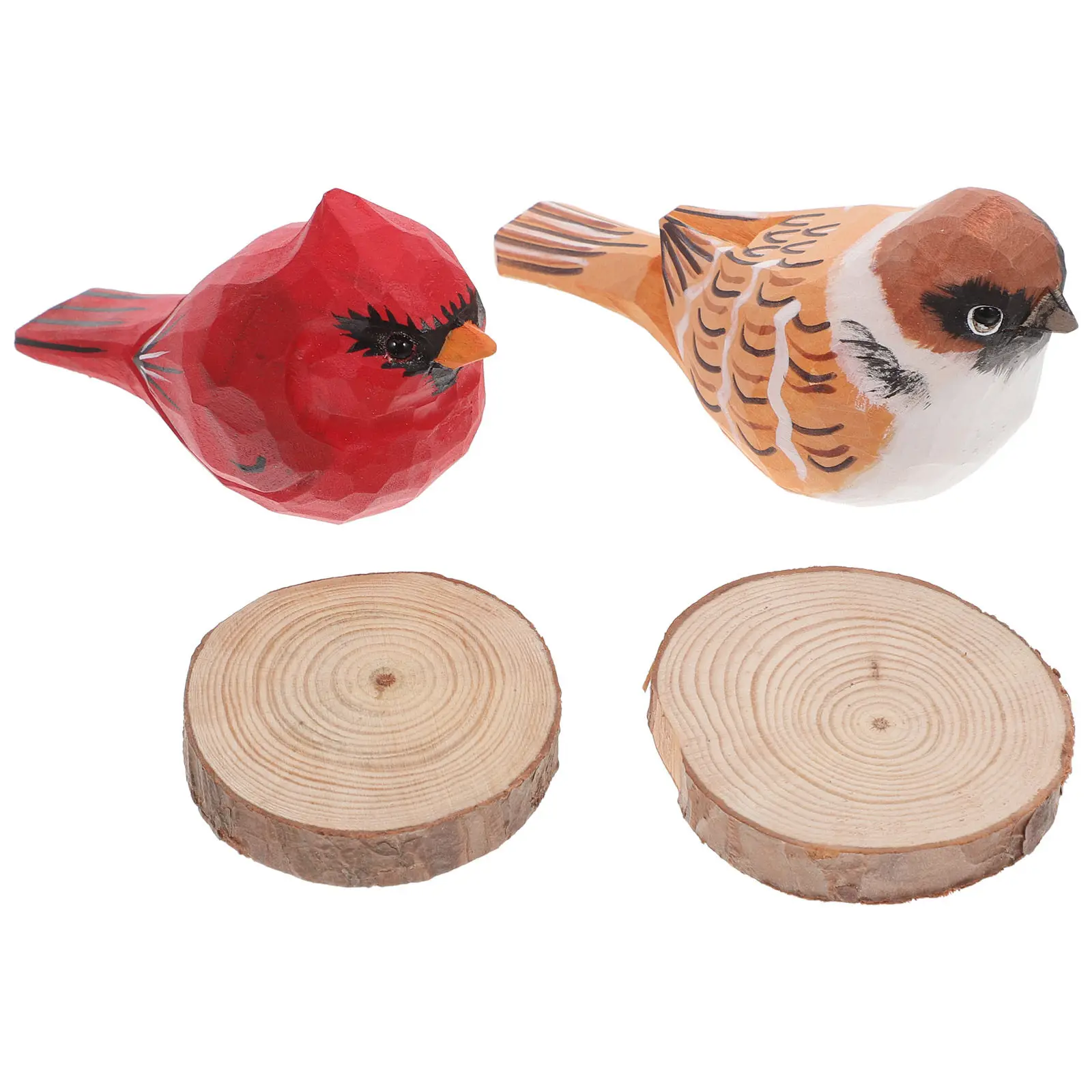 2Pcs Wooden Carved Bird Sculptures Hand-Painted Red Cardinal Statues Home Decor Mantle Ornaments Bird Decorations