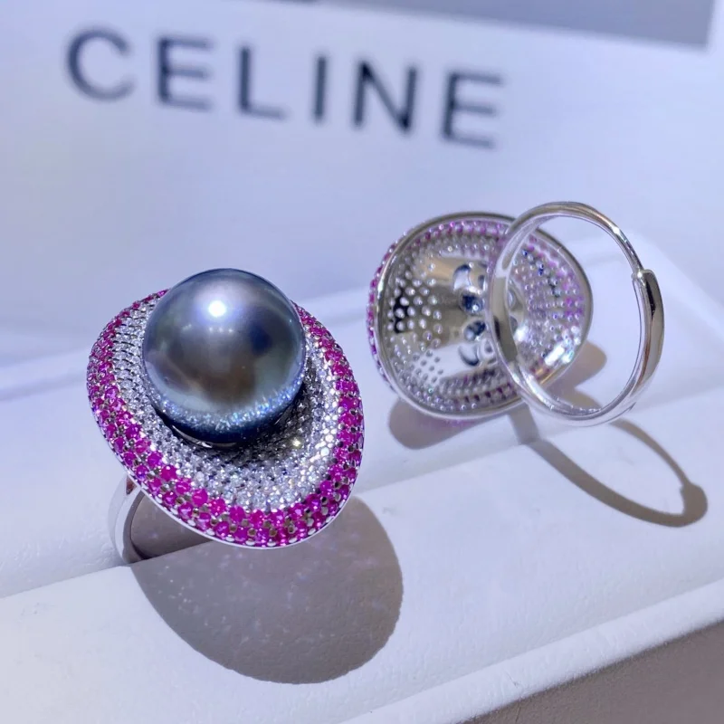 

SGARIT AAAA Luxury Oval 10-11mm Tahitian Round Black Pearl Ring S925 Silver Square Zirconium Ruby Fashion Jewelry