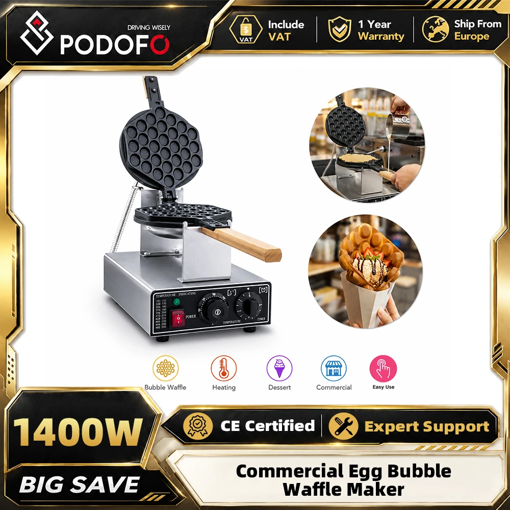 Podofo Kommerzieller Eierwaffeleisen 1400W Antihaftbeschichtetes Edelstahl-Eierwaffeleisen 180° °   Drehbare Eierpfannkuchenmaschine mit 2 Pfannen und Holzgriffen, 50-250 ℃   Temperaturgesteuertes