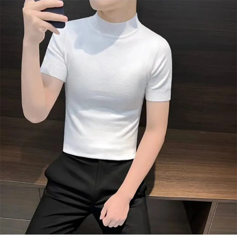 Half Turtleneck Short Sleeve Sweater Men, Spring And Autumn New Style, High-End Feel, Inner Layer, Mid-Neck Knitted Base Shi