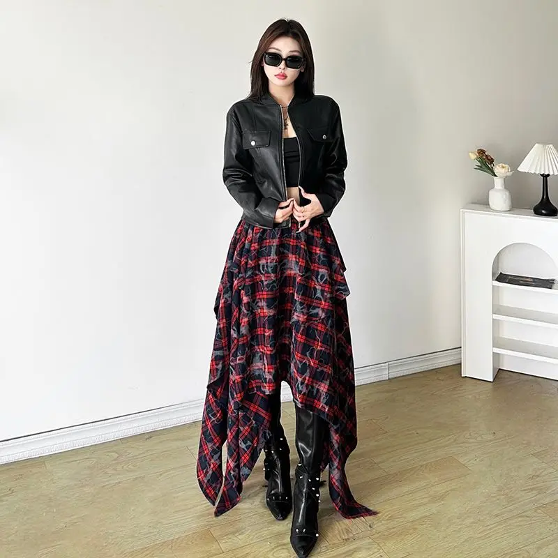American Retro Design Contrasting Skirt Women Summer New High-Waisted Slimming Irregular Versatile Midi Skirt