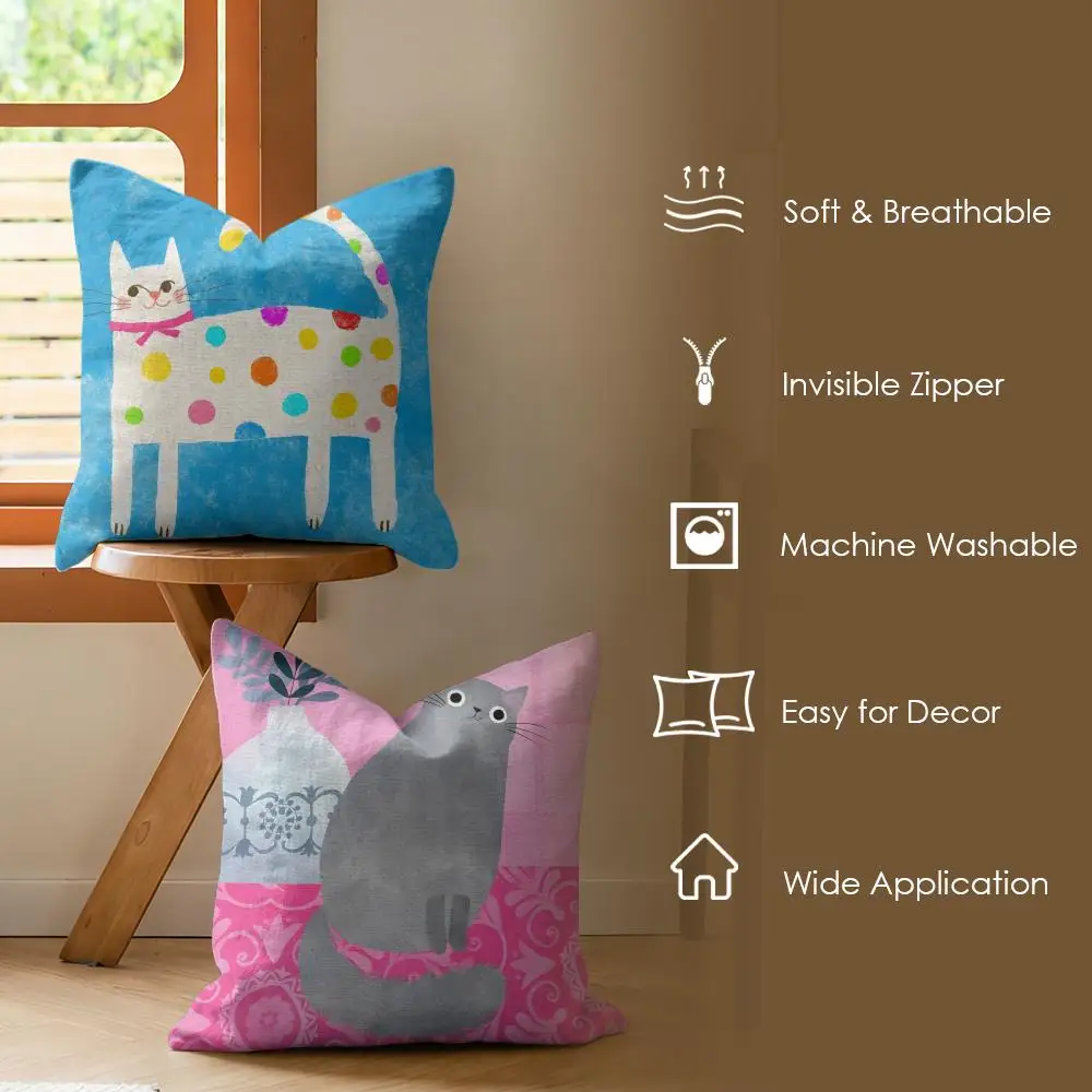 Cute Folk Art Cartoon Cat Cushion Cover Soft Short Plush Pillow Cover Smooth Cozy Texture Aesthetic Cushion Case Home Decor