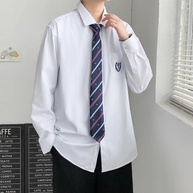 Loose Fit Men's White Shirt Long Sleeve Embroidered Short Sleeve Youth Fashion College Style Couple JK Uniform Design