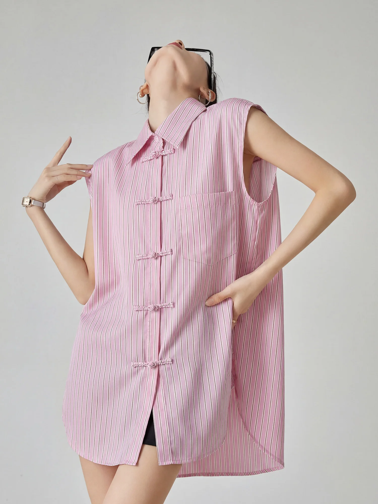 

Pink Chinese Sle Button up Striped Svel irt Women's Faion Spring Summer New Design Small Collar Trendy Top