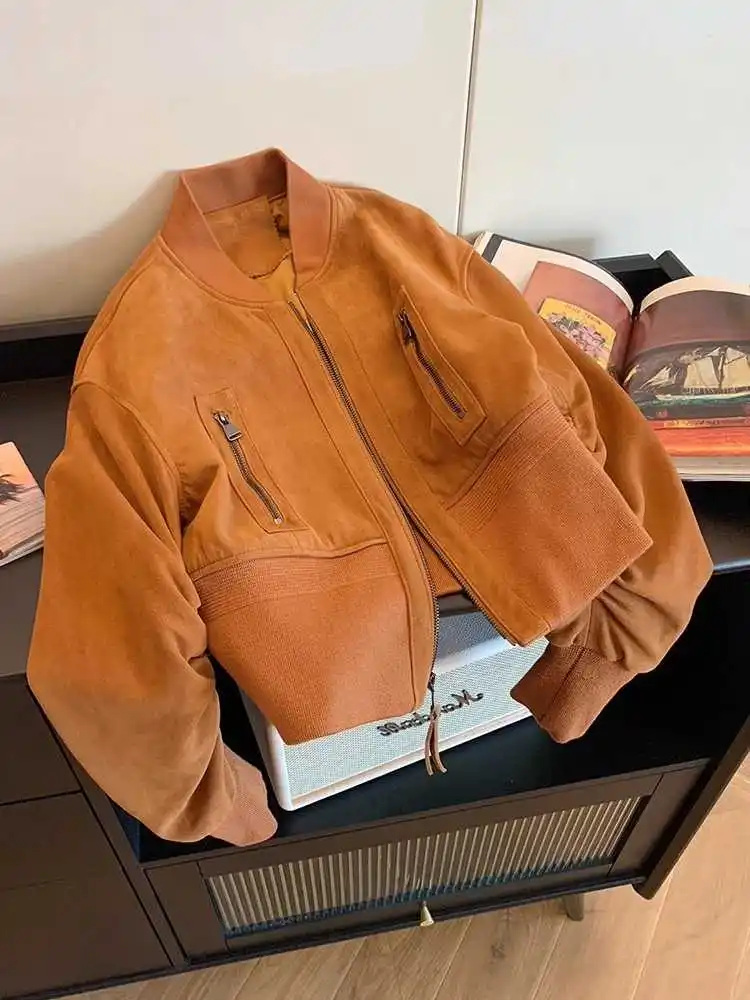 المرأة البرتقال الخريف سترة من جلد الغزال معطف Vintage Harajuku الجمالية طويلة الأكمام موستانج البيسبول سترة ملابس خارجية 2000s الملابس