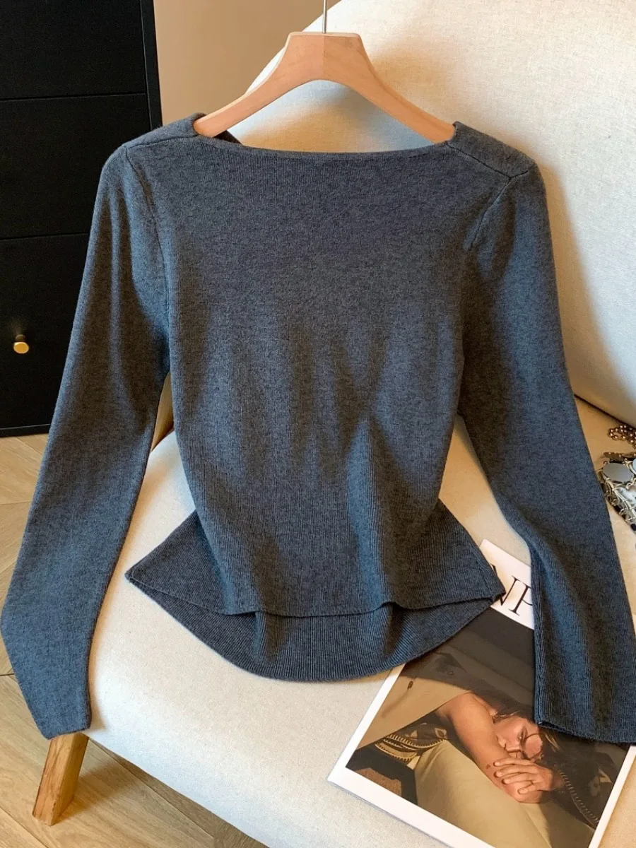 سترة محبوكة من Pure Desire محفظة ذاتيًا مع ياقة مائلة غير متماثلة طويلة Sve ort Sle للسيدات للخريف بخصر جديد... #5