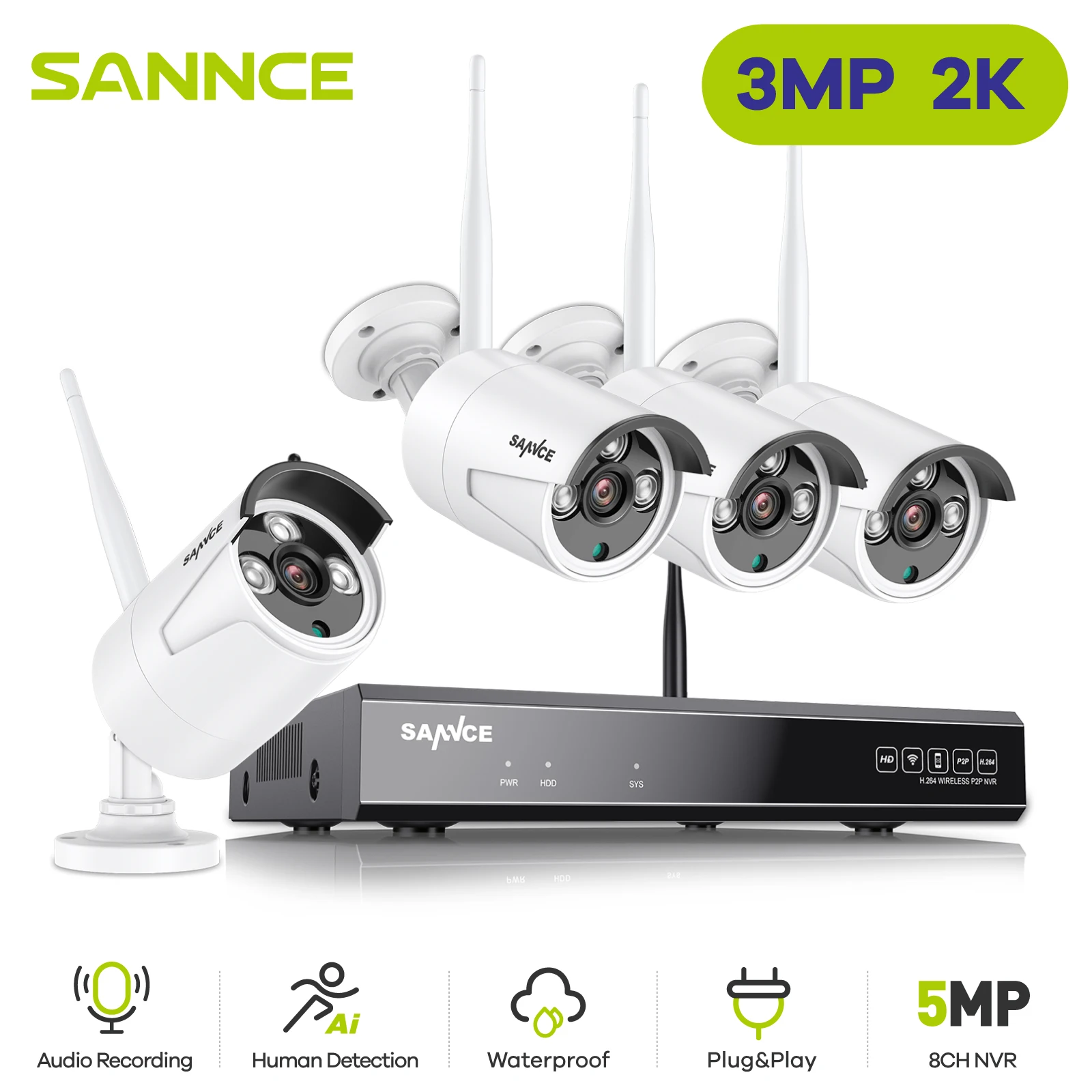 SANNCE 8Channel 3MP Wireless CCTV Security Camera System, AI Human Detection, 100ft Night Vision, H.264+ IP66 Metal Housing WiFi NVR Kit