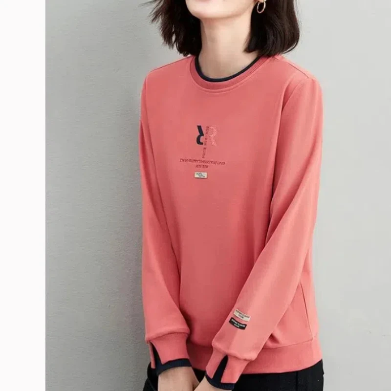 Crew Neck Contrast Color Letter Embroidery Women\'s Pullover Lantern Long Sleeve Patchwork Hoodies Casual Spring Autumn Tops