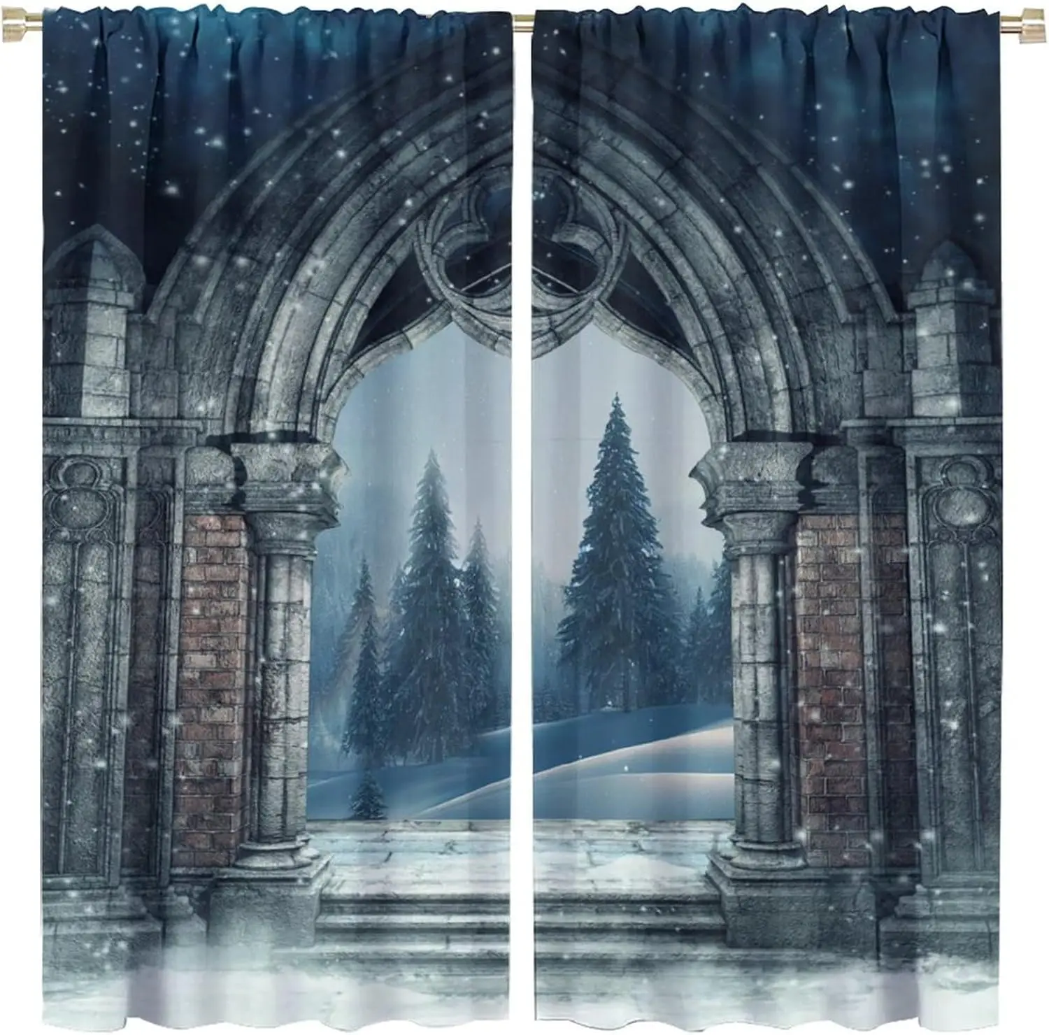 Brebasf Vintage Mid Century Castle Arch Curtains, Abstract Winter Forest Nature Landscape Snowflake Print Window Treatments
