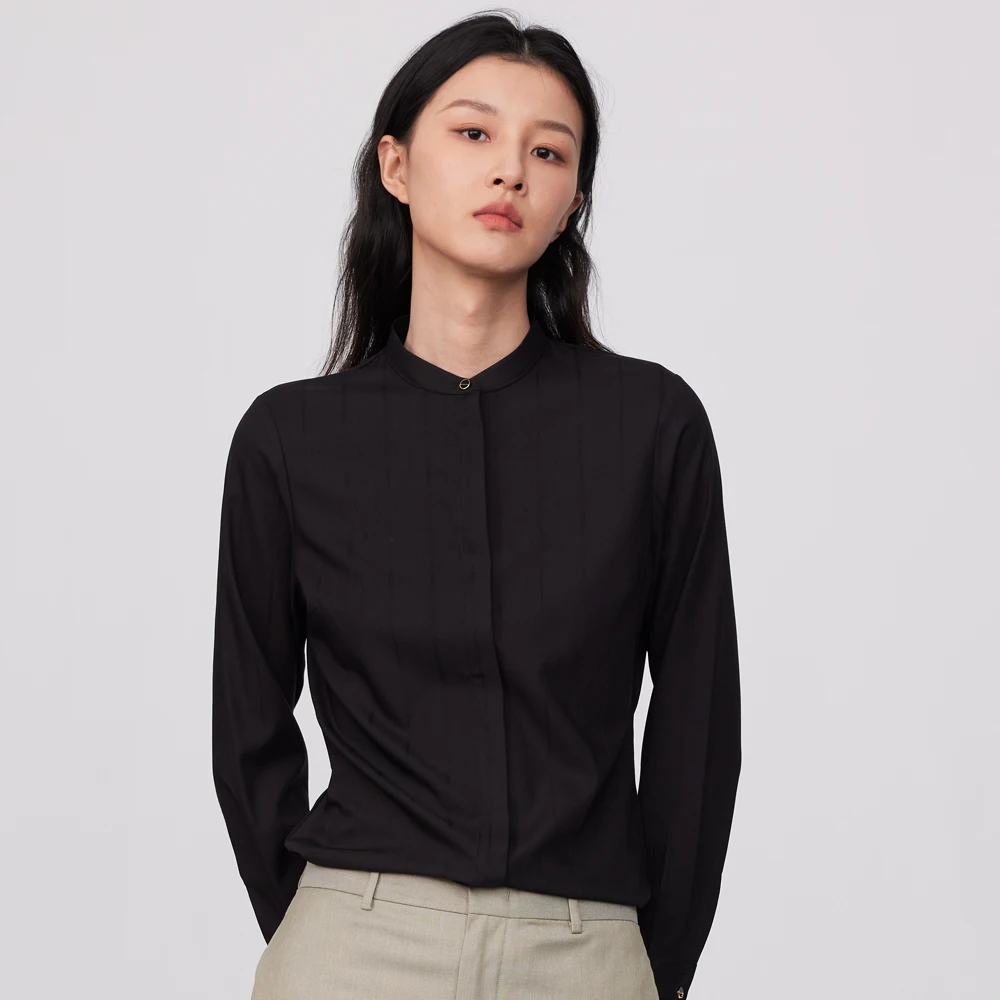 Camisa de manga larga con cuello levantado para mujer, camisa con solapa oculta abotonada sin bolsillo, blusa informal ajustada para oficina