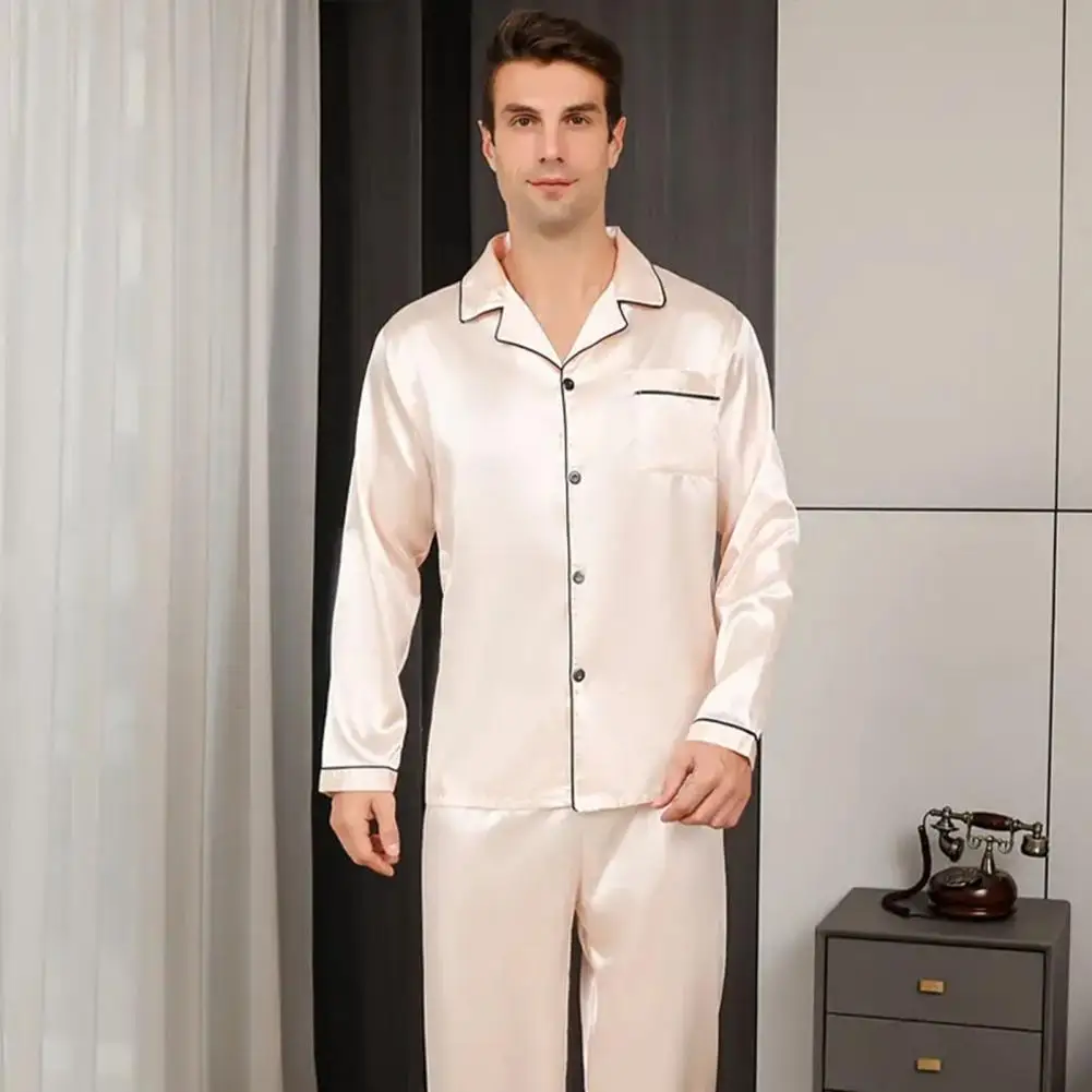 Men Satin Pajama Set Luxurious Silk Satin Pajama Sets for Men Women Button Down Long Sleeve Top with Notch Collar Chest Pocket