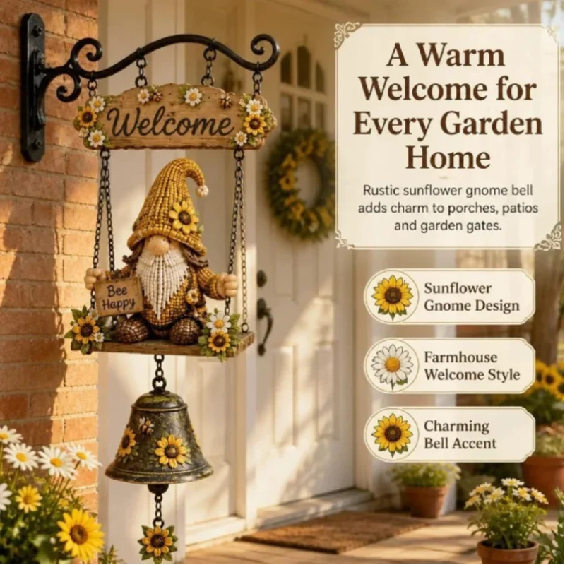 Garden Bells Windchime Gnome Garden Decor Handmade Bee Sunflower Gnome Retro Decorative Doorbell for Store Room Garden Porch