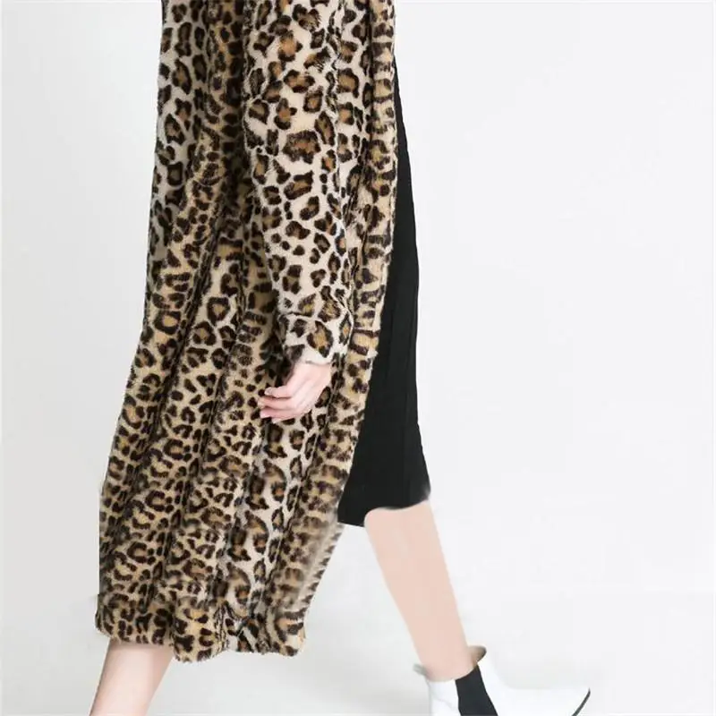 Winter Coat Women Girl Faux Fur Coat Long Coat Pelliccia Woman Fur Jacket Women Europe X-Long Leopard Faux Jacket Jacket Women