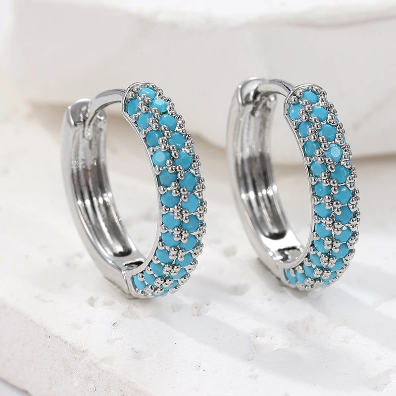 Classic Silver Color Women's Earrings Fashion Inlaid Imitation Turquoise Hoops Earrings Woman Party Jewelry