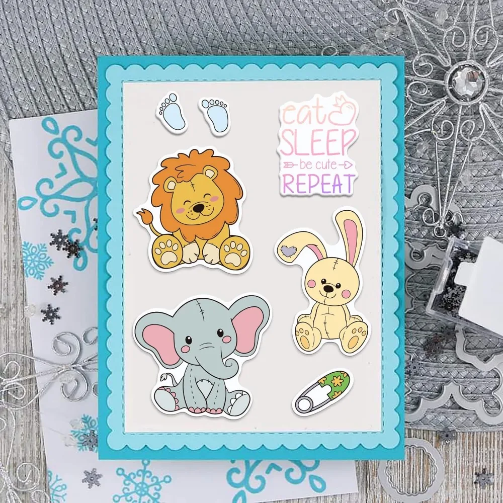 1Set People Doll Cut Dies and Clear Stamp Set Bunny Dog Elephant Bear Embossing Template and Silicone Stamp for Card Scrapbook
