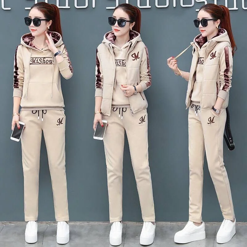 Women\'s Fashion Plush Thickened Sweat Suit 2023 Autumn Winter New Casual Hooded Tops Waistcoat Pants 3 Three Piece Set For Women