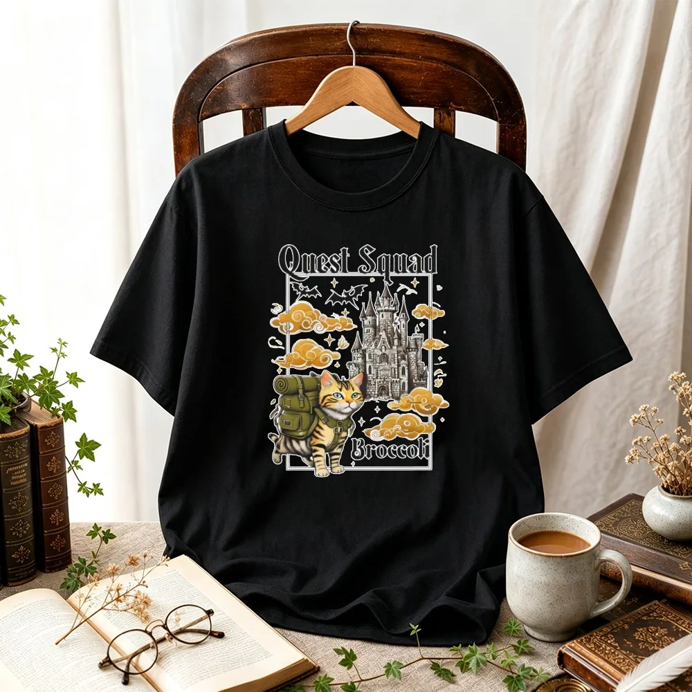 Quest Squad Broccoli Adventure Tabby Cat Castle T-Shirt Fantasy Backpack Cat Vintage Graphic Tee Unisex Book Fandom Casual Tops