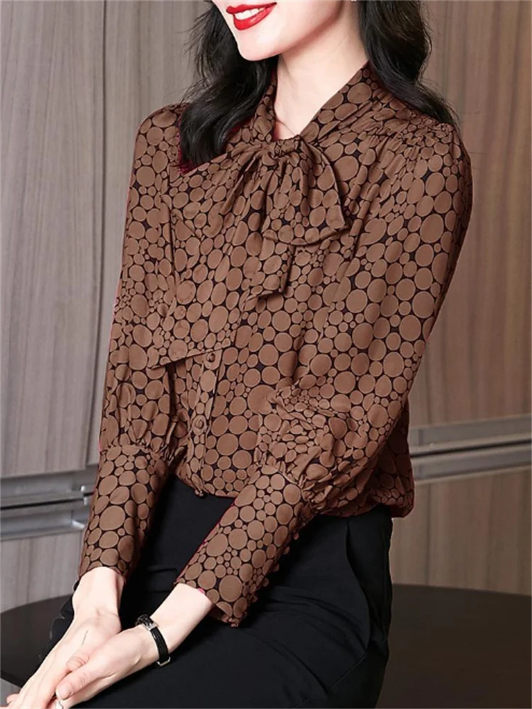 Bow Dot Bloouse For Women Chiffon Shirt High End Top Fashion Pullover Woman Clothes Blous Coffee Color Business Female Shirt