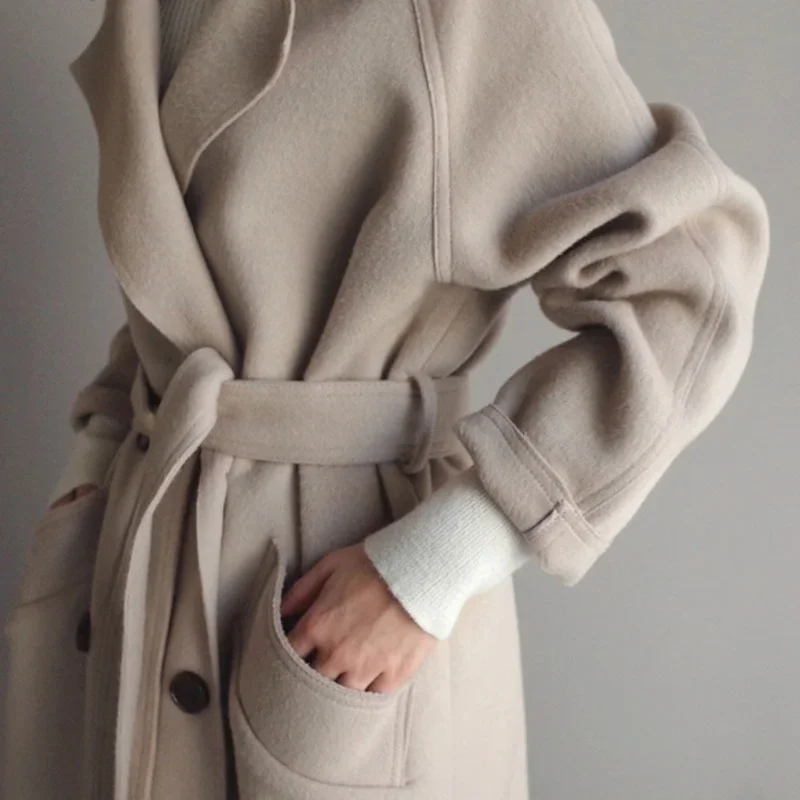 Blended Solid Winter Women's Beige Elegant Wool  Color Korean Long Coat Retro Fashion Black Simple Wool Camel Oversized Coat