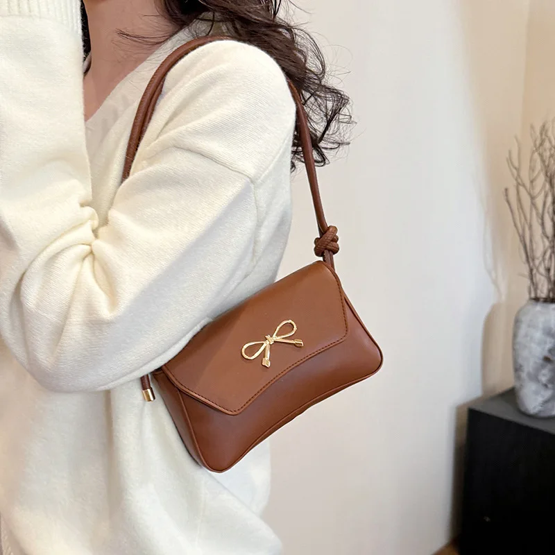 

2025 Summer French Bow Underarm Bag Elegant Solid Color Shoulder Purse for Women Minimalist Crossbody Tote Chic Office