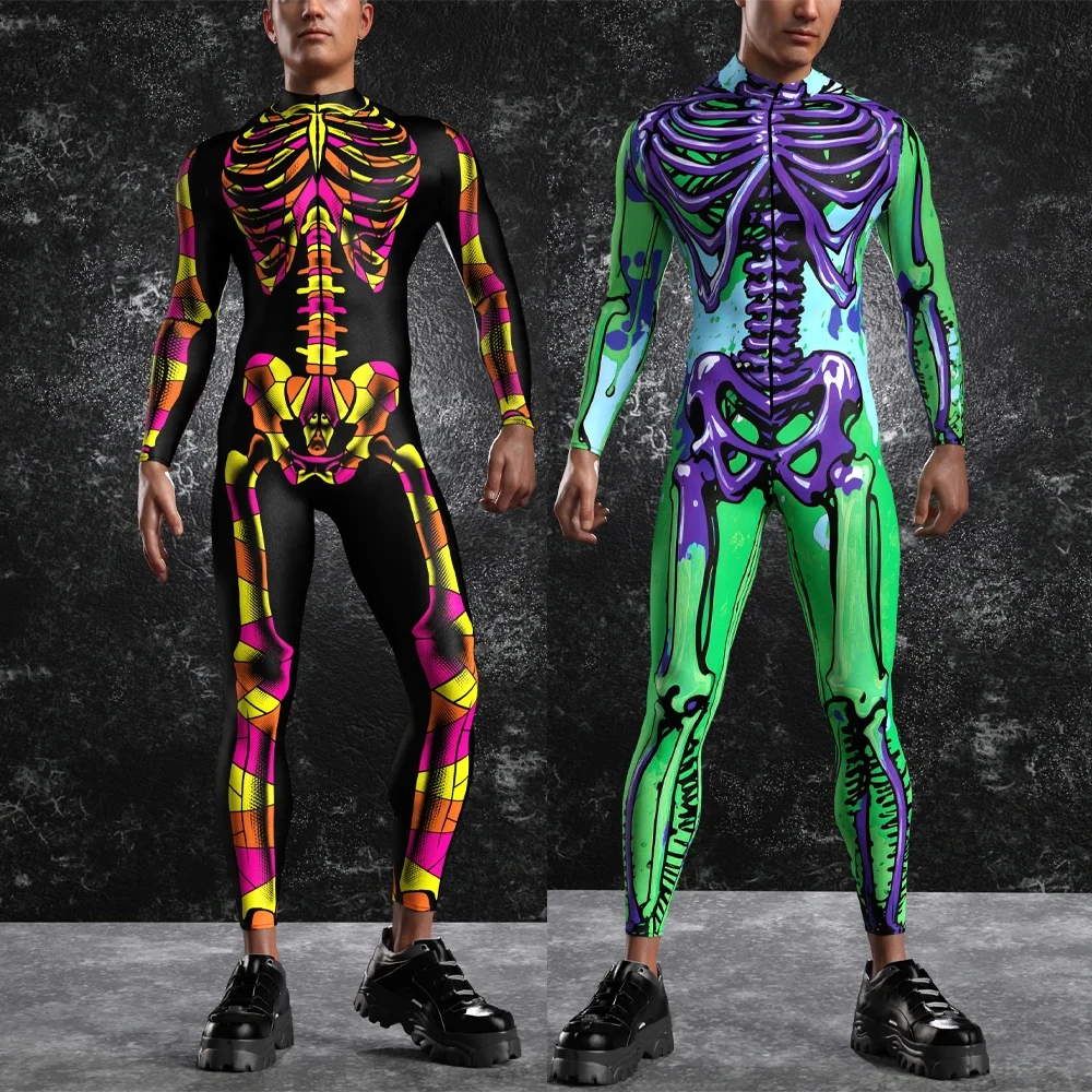 Halloween Skull Print Cosplay Jumpsuit Men Punk Bodysuit Horror Theme Party Zentai Suit Festival Rave Outfit Aerial Yoga Clothes