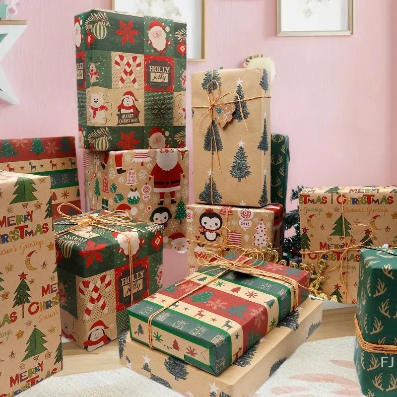 

Festive Kraft Paper with Unique Tree and Snowflake Patterns, Perfect for Christmas Present Wrapping
