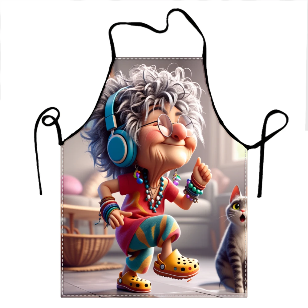 Funny Granny Dancing With Headphones And Cat Apron For Cooking Kitchen Wear Fun Gift For Grandmas And Seniors