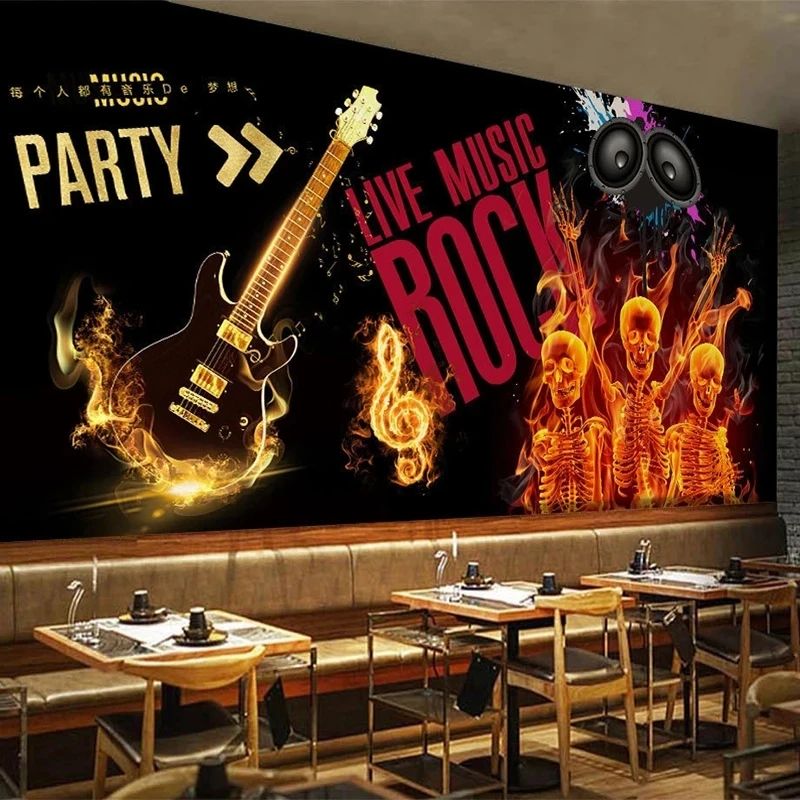 Custom 3D Hand Painted Music Theme Decorative English Letter Guitar Mural Restaurant Cafe KTV Bar Wallpaper wall fabric Hotel 8d