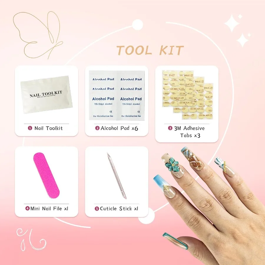 Handmade Square Coffin Press on Nails Ocean Ombre Blue Bronze Nails with 3D Carved Flower Gold Foil Reusable Glossy Stick on Fa