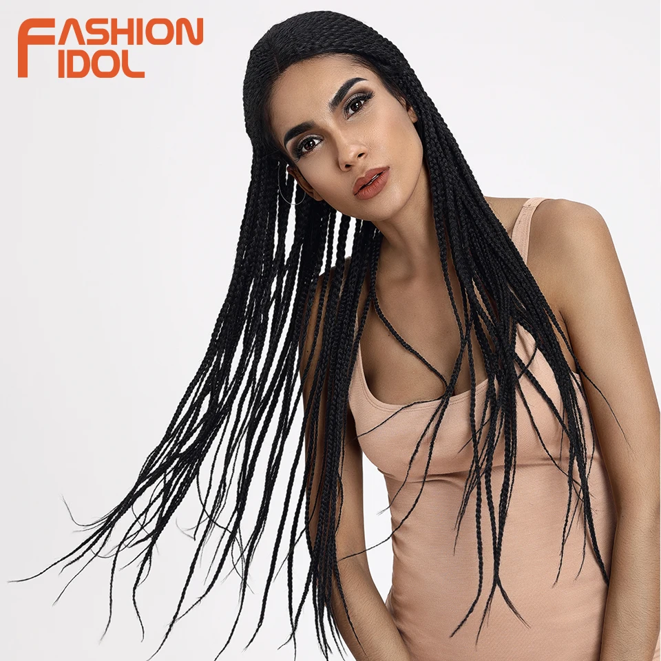 FASHION IDOL 13X7 Lace Front Synthetic Wigs For Black Women 32 Inch Long Ombre Brown Ponytail Crochet Hair Braided Wigs Cosplay