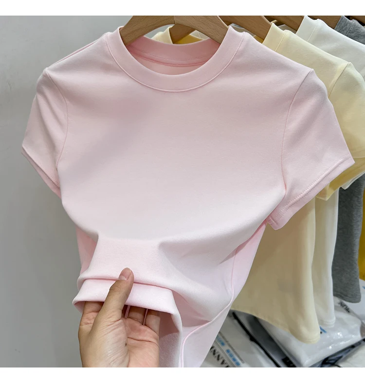 AOSSVIAO 2026 Summer Solid Color Women's Short Sleeve T-Shirt American Vintage Y2K Slim Basic O-Neck Tee Trendy Slim Fit Tops