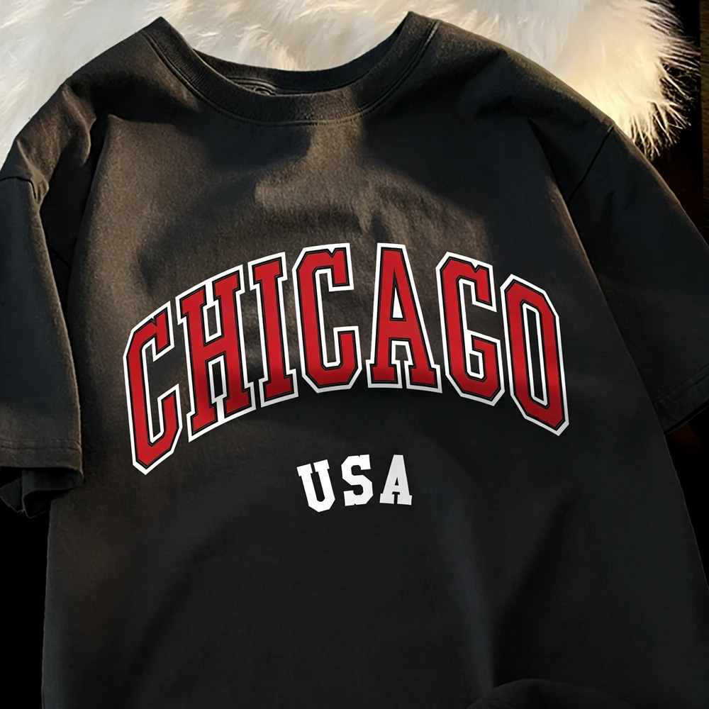 

Классическая женская футболка с городским принтом Chicago USA, уличная футболка с круглым вырезом, повседневная хлопковая футболка с коротким рукавом для пар