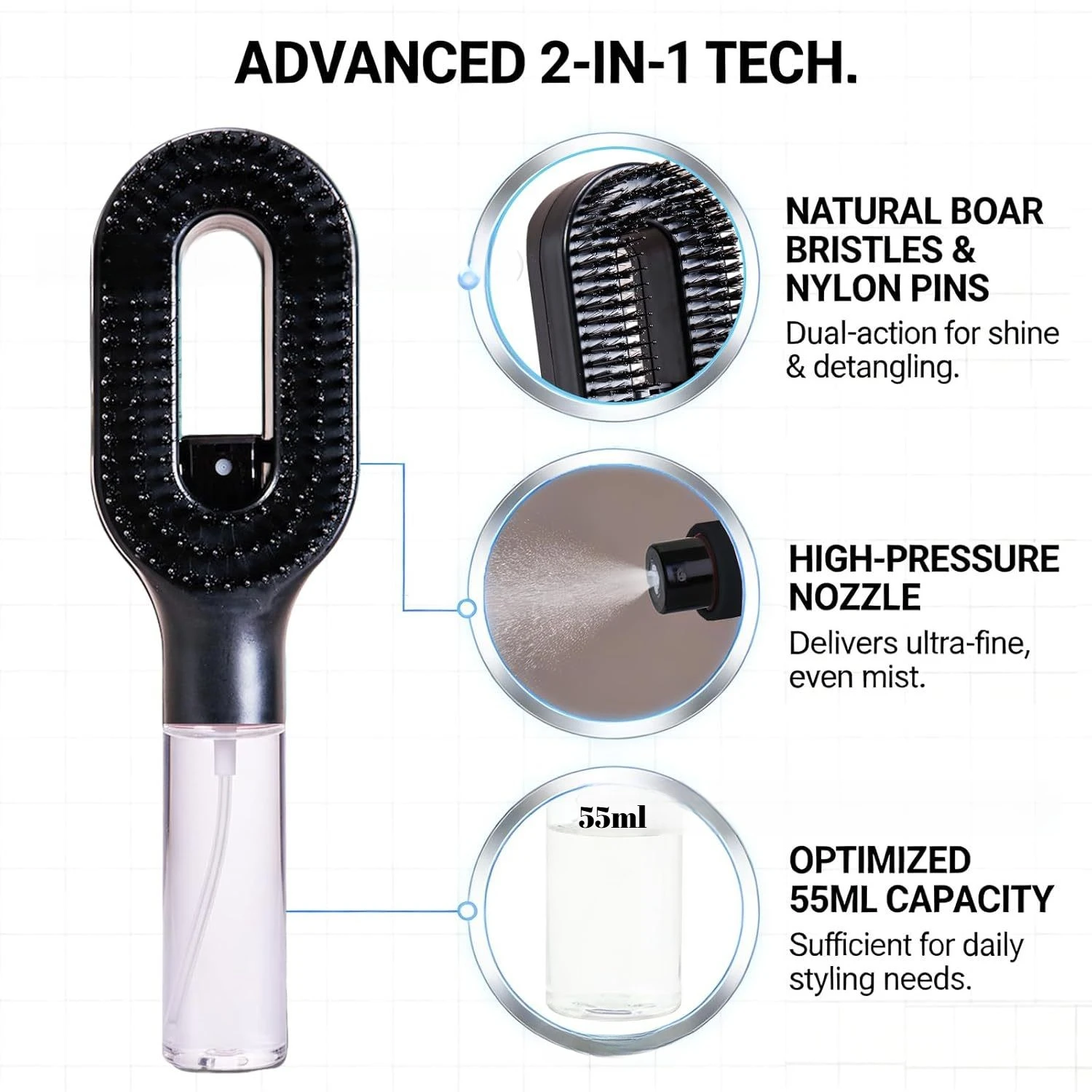 2-in-1 Sprüh-Massagekamm mit ätherischem Öl und Wassersprühflasche, antistatischer Kopfhautmassager für die Haarentwirrung, tägliche Haarpflege, Salon – Detail 1