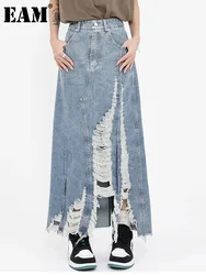 [EAM] High Waist Blue Denim Holes Irregular Burr Long Casual Half-body Skirt Women Fashion Tide New Spring Autumn 2024 1DF6983