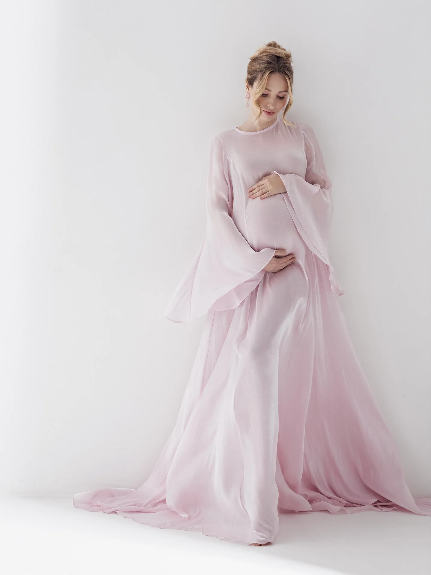 Pastel Pink Boho Maternity Maxi Dress with Flowy Bell Sleeves, Chiffon Sheer Summer Dress, Summer Style, Elegant Photo‑Shoot