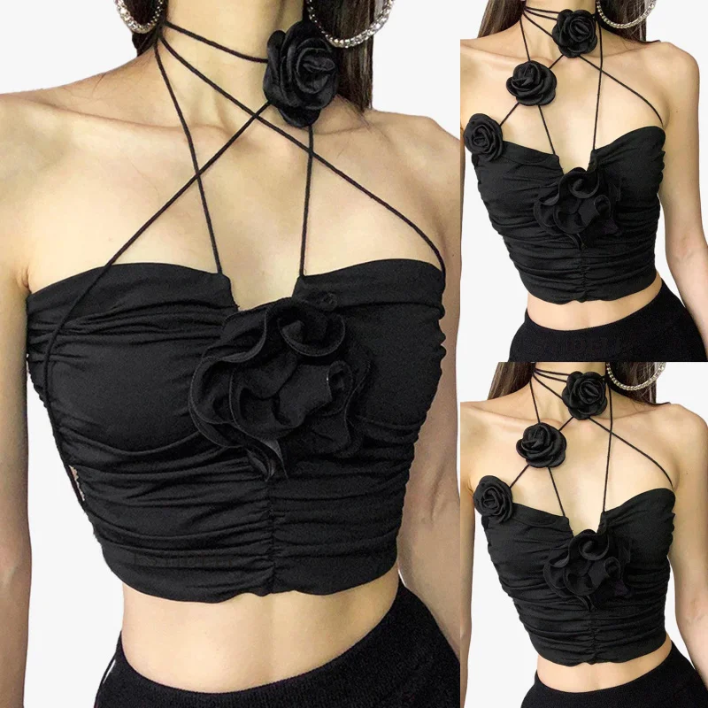 

New Summer Three-Dimensional Rose Hollow-out Halter Sling Hot Girl Short Backless TopSU3335