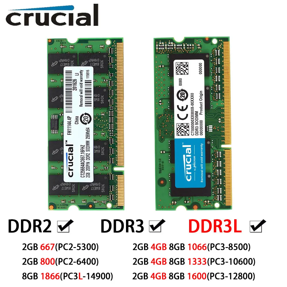 Mémoire Crucial DDR3 DDR3L DDR2 RAM pour ordinateur portable 2 Go 4 Go 8 Go 667 800 1066 1333 1600 1866 MHz SODIMM PC2-5300 PC3-12800 Ordinateur portable 1.35/1.5V